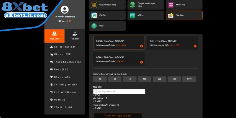 Hướng dẫn các bước nạp tiền 8Xbet nhanh chóng và bảo mật